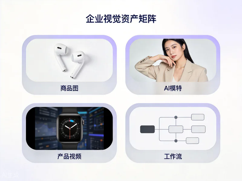 企业 AI 视觉能力四格矩阵:商品图、AI 模特、产品视频、工作流