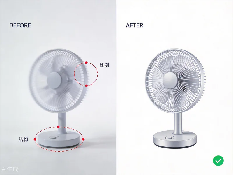电商 AI 视觉问题诊断示意:比例、结构、材质、卖点的 before / after 对比